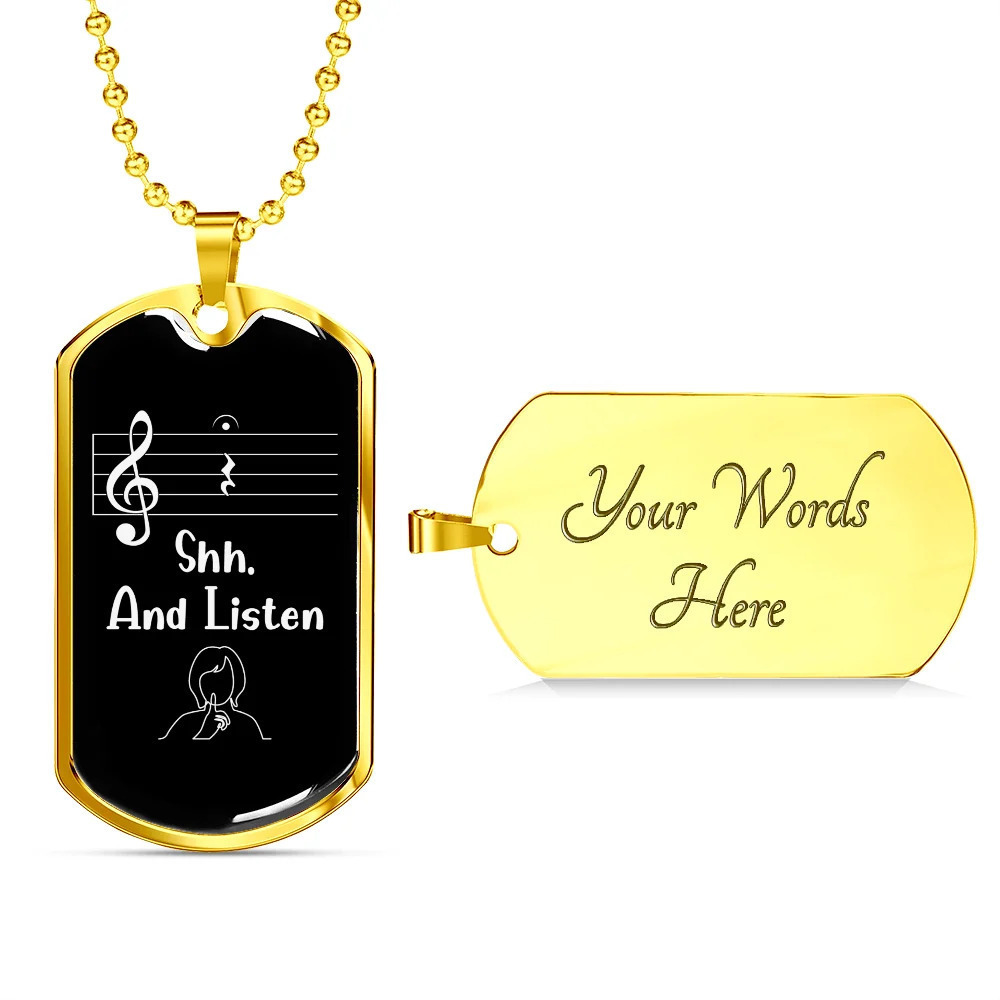 Musician Necklace Listen Personalized Engraved Gold Dog Tag Necklace Custom Nam